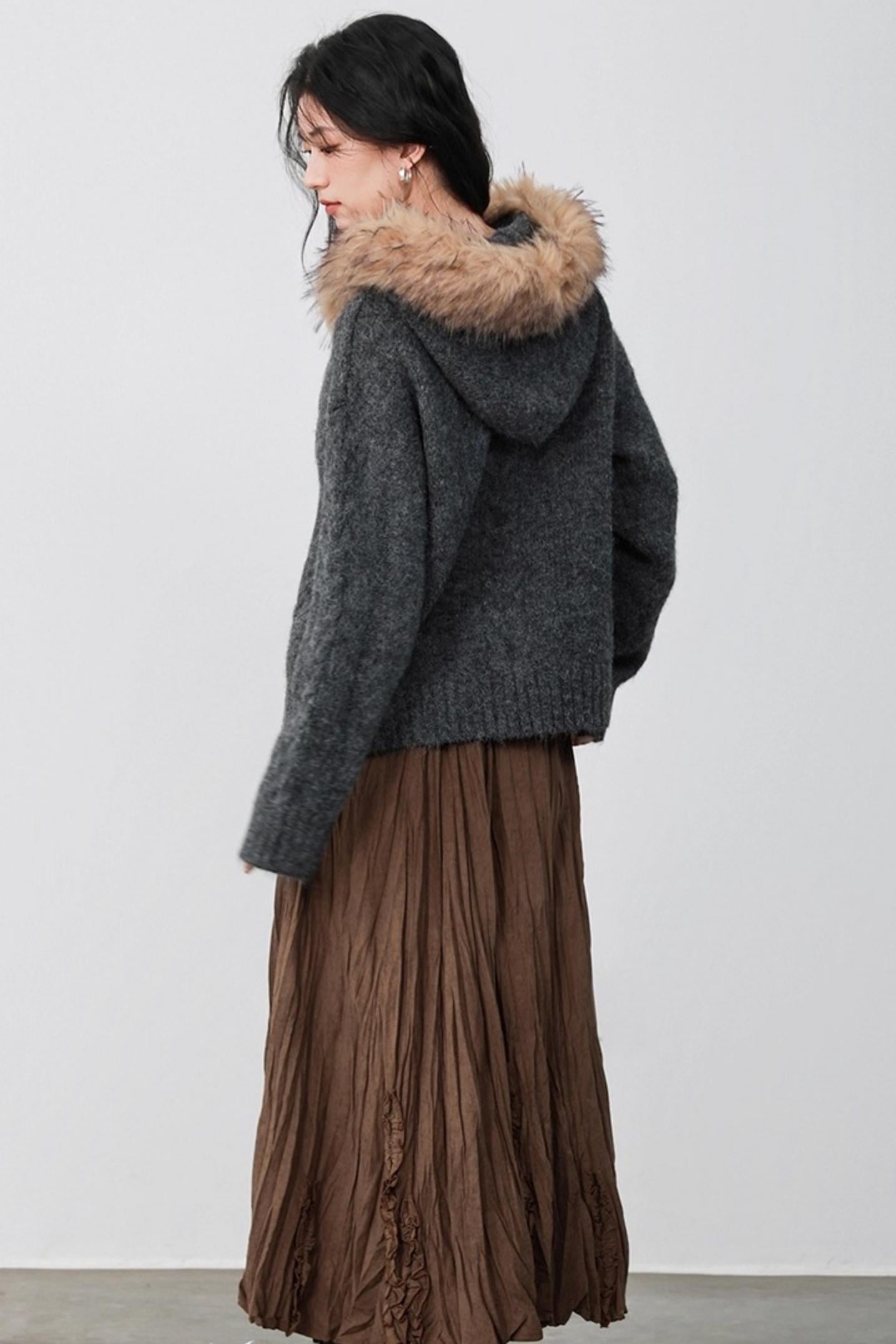 Fog Gray Fur Collar Hooded Jacket