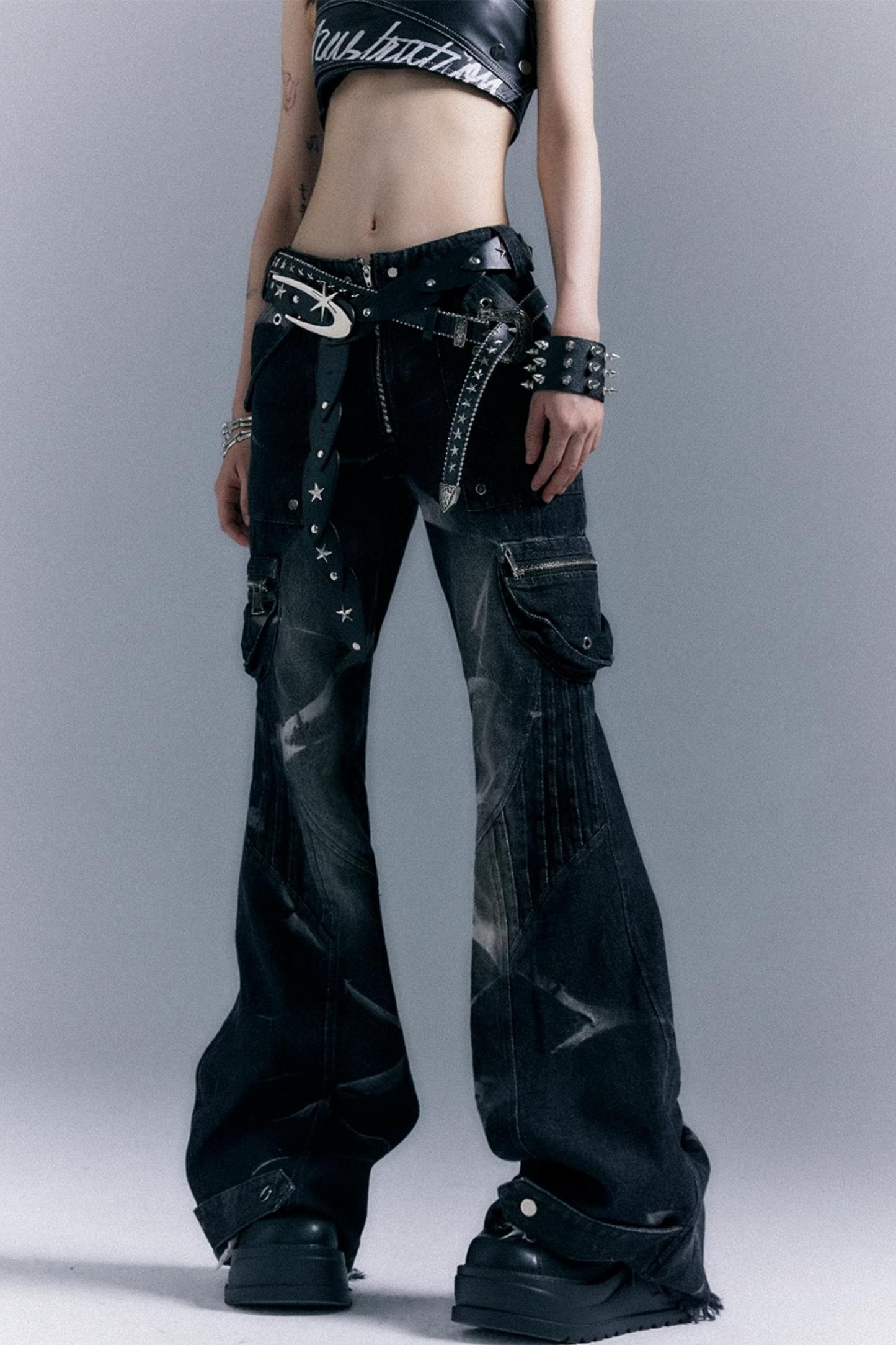 Vintage Studded Denim Flared Pants