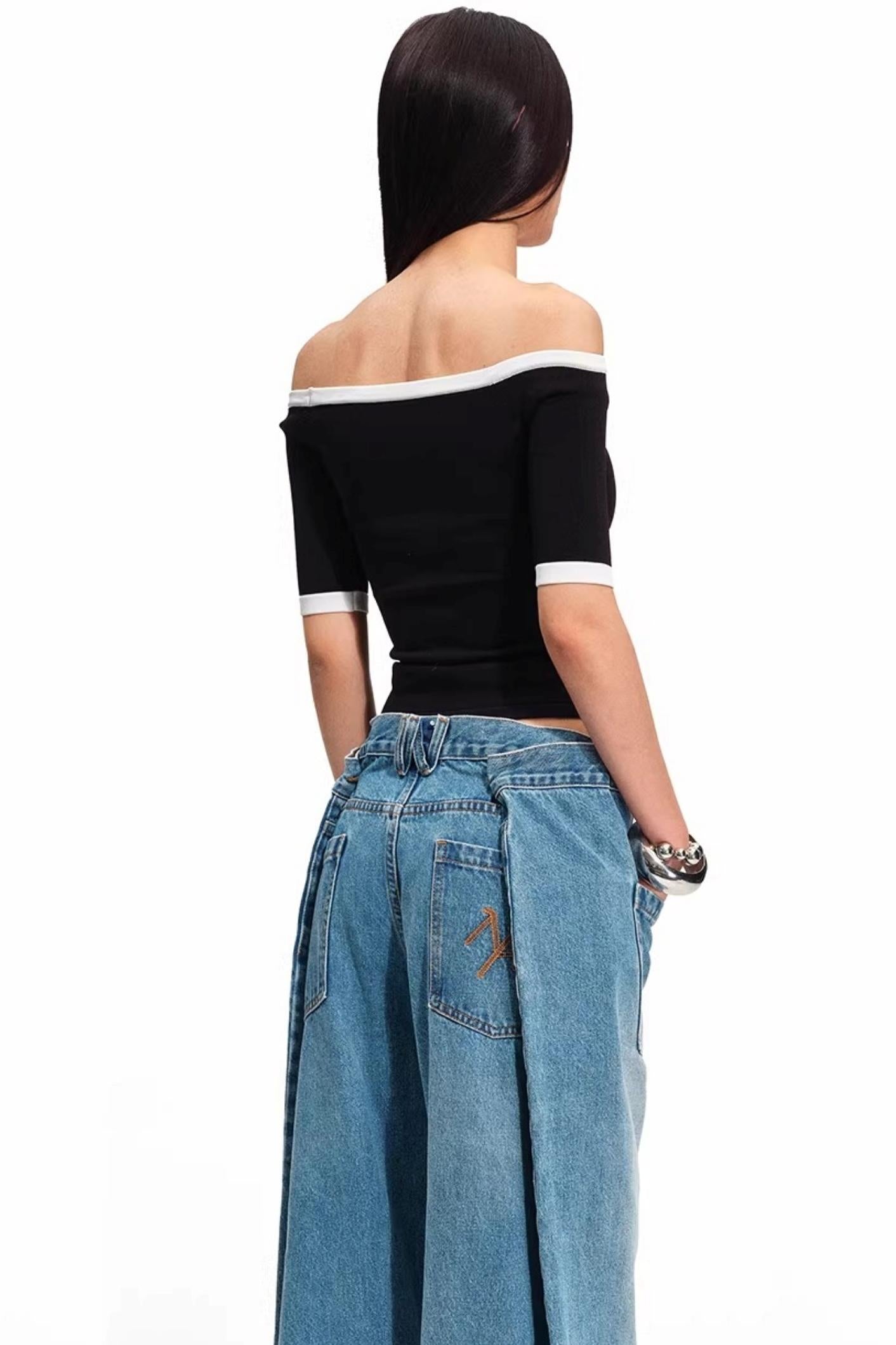 Off-Shoulder Contrast Knit Top