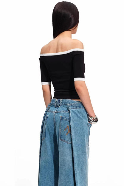 Off-Shoulder Contrast Knit Top