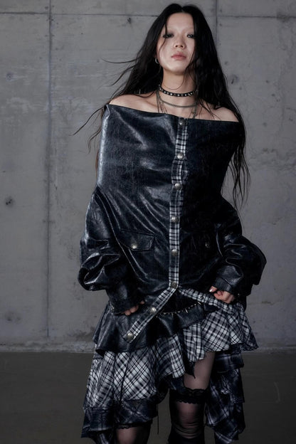 Dark Plaid Leather Top