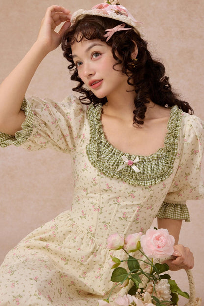 French Pastoral Style Floral Waist Dress