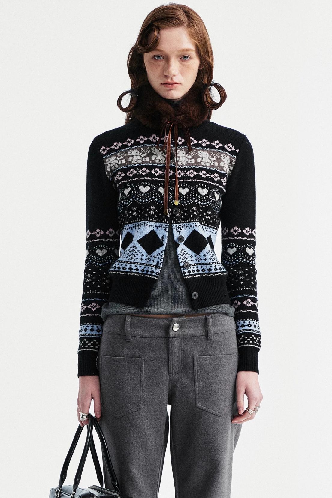 Retro Bear Jacquard Wool Cardigan