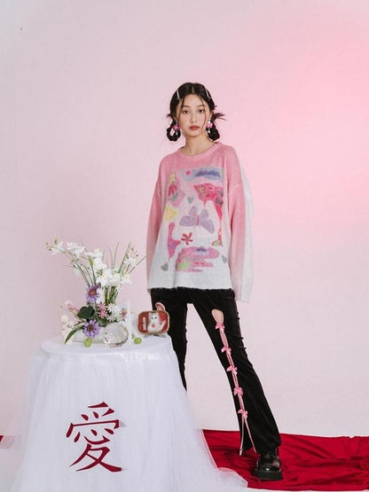 Romantic Butterfly Print Thin Sweater