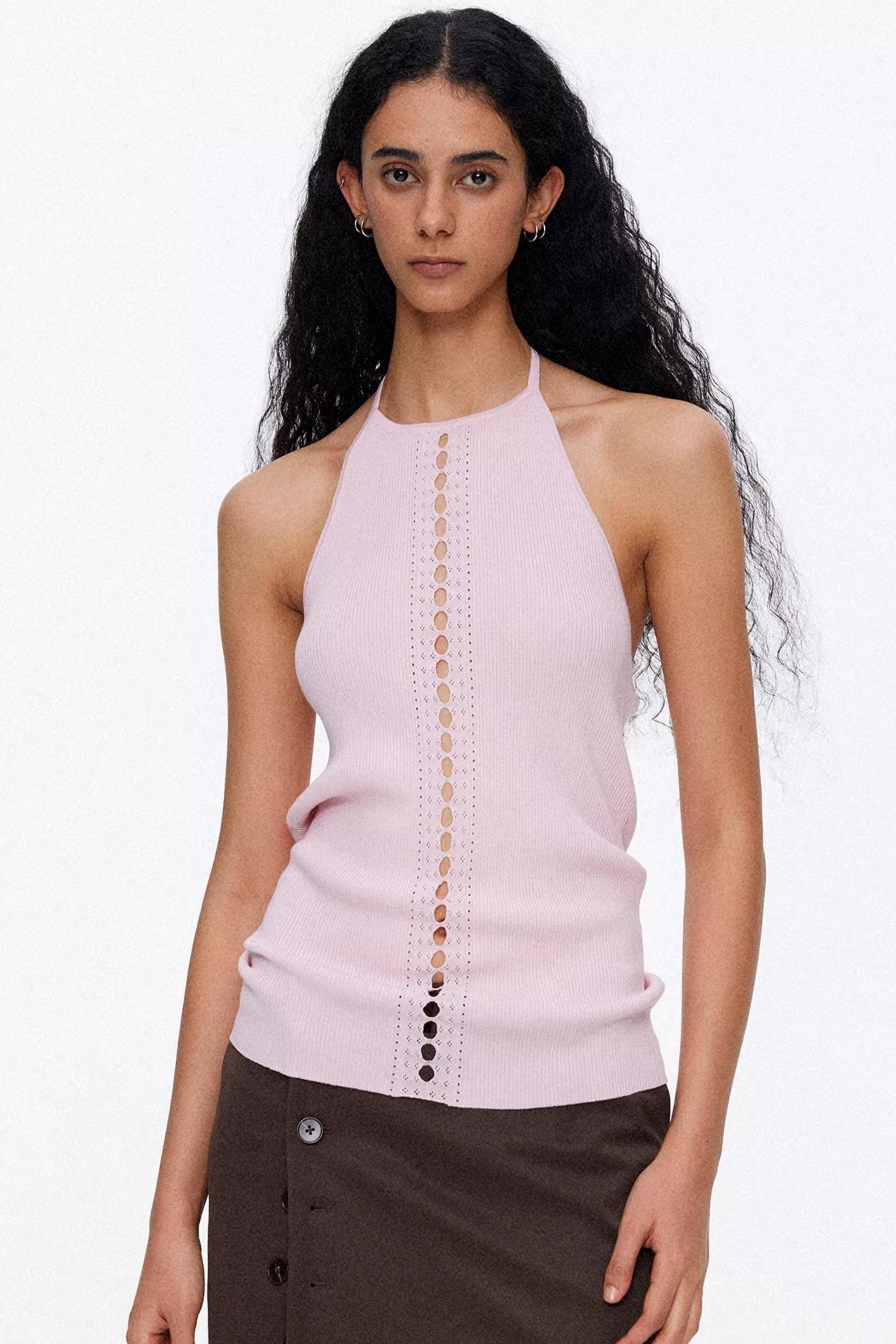 Chic pink color-blocked lyocell knit top with elegant collar detail