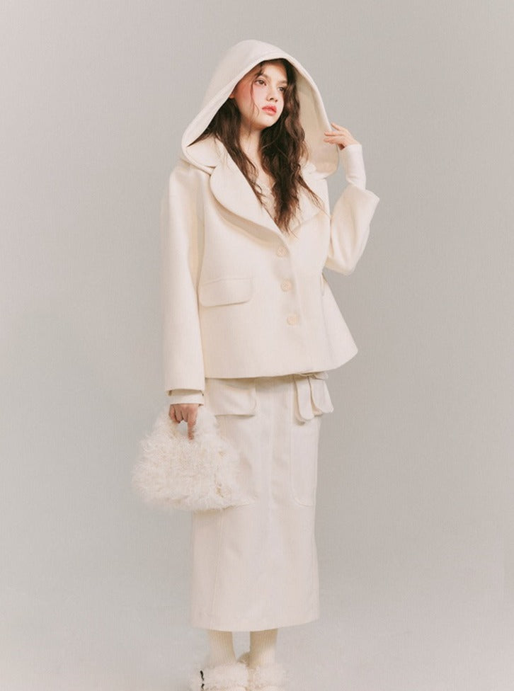 Detachable Big Hat Woolen Blazer Jacket