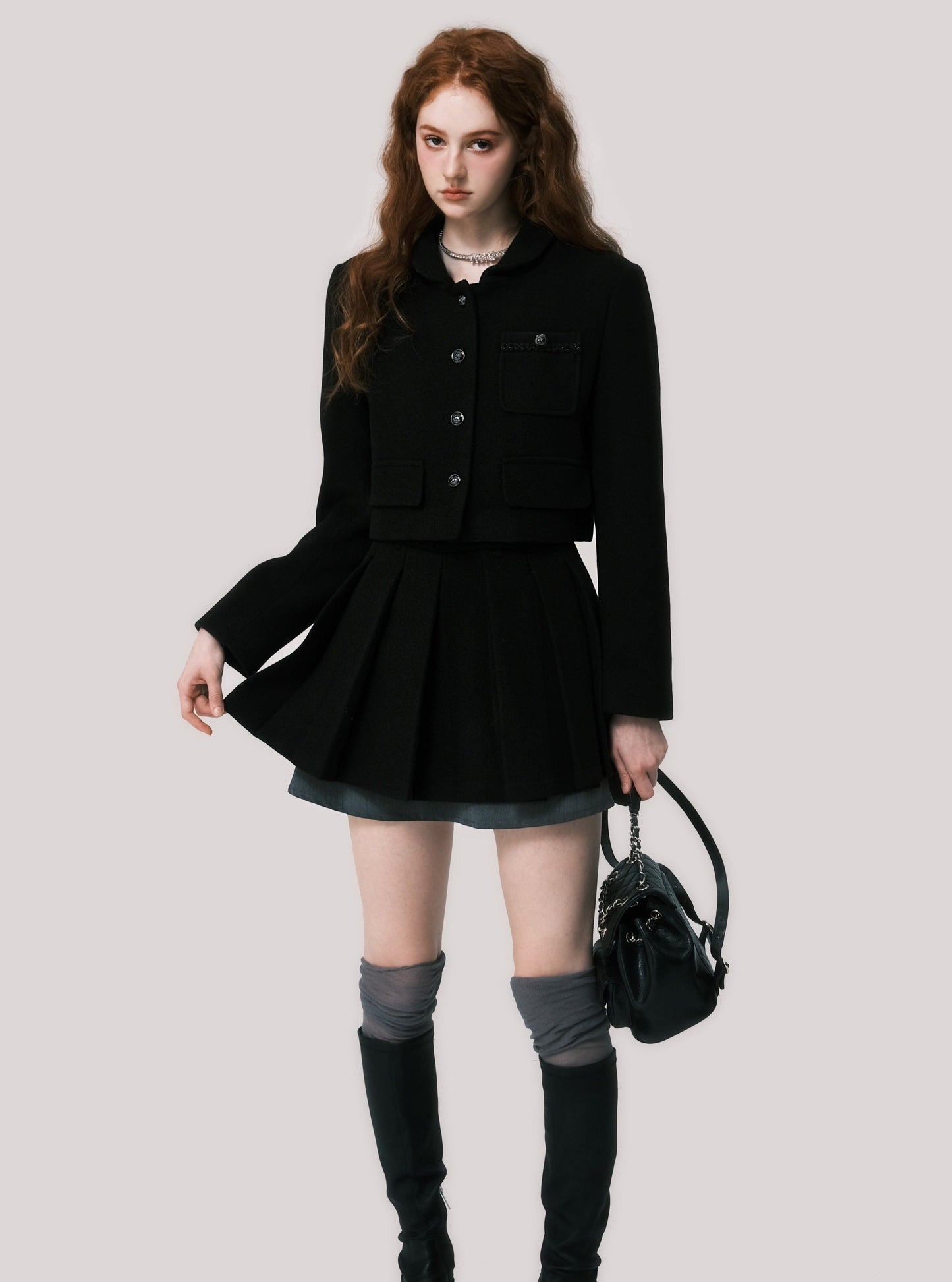 Short coat pleated skirt set