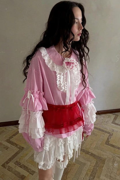 Pink-White Plaid Lace Shirt