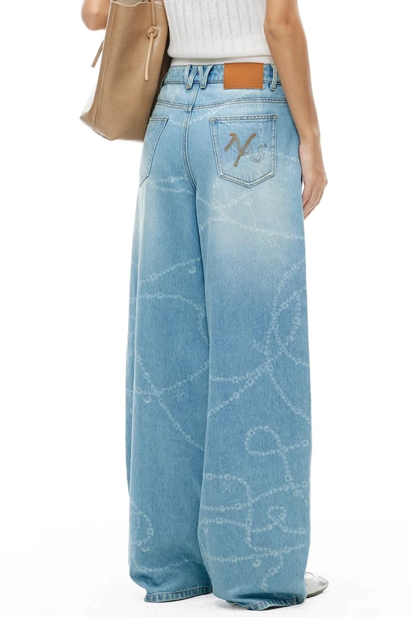 Washed Laser Print Denim Pants