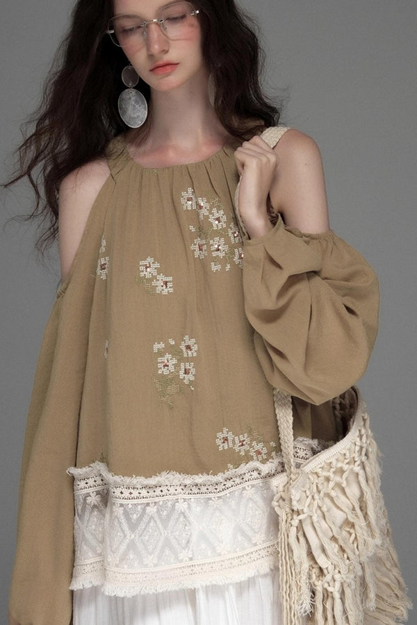 Neoclassical Embroidery Off-the-Shoulder Top