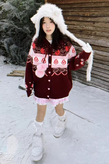 Fair Isle Strickjacke mit Erdbeermuster