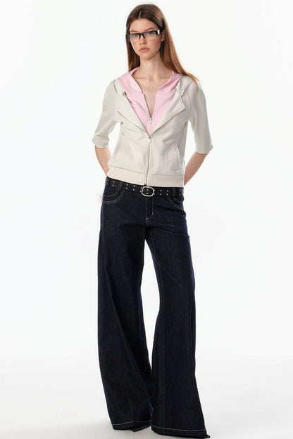 Patchwork Cropped Short Sleeve Hoodie
