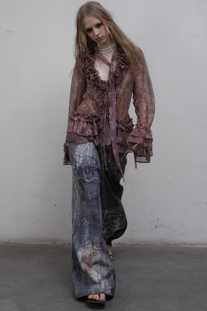 Printed Blue Wide-Leg Denim Pants