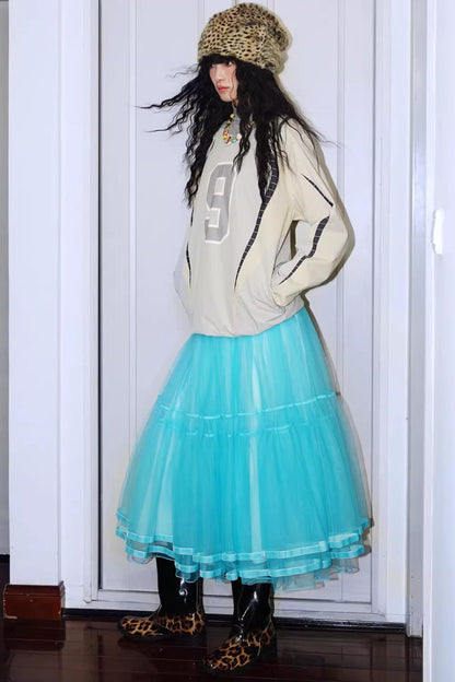 Autumn Mesh Puffy Long Skirt