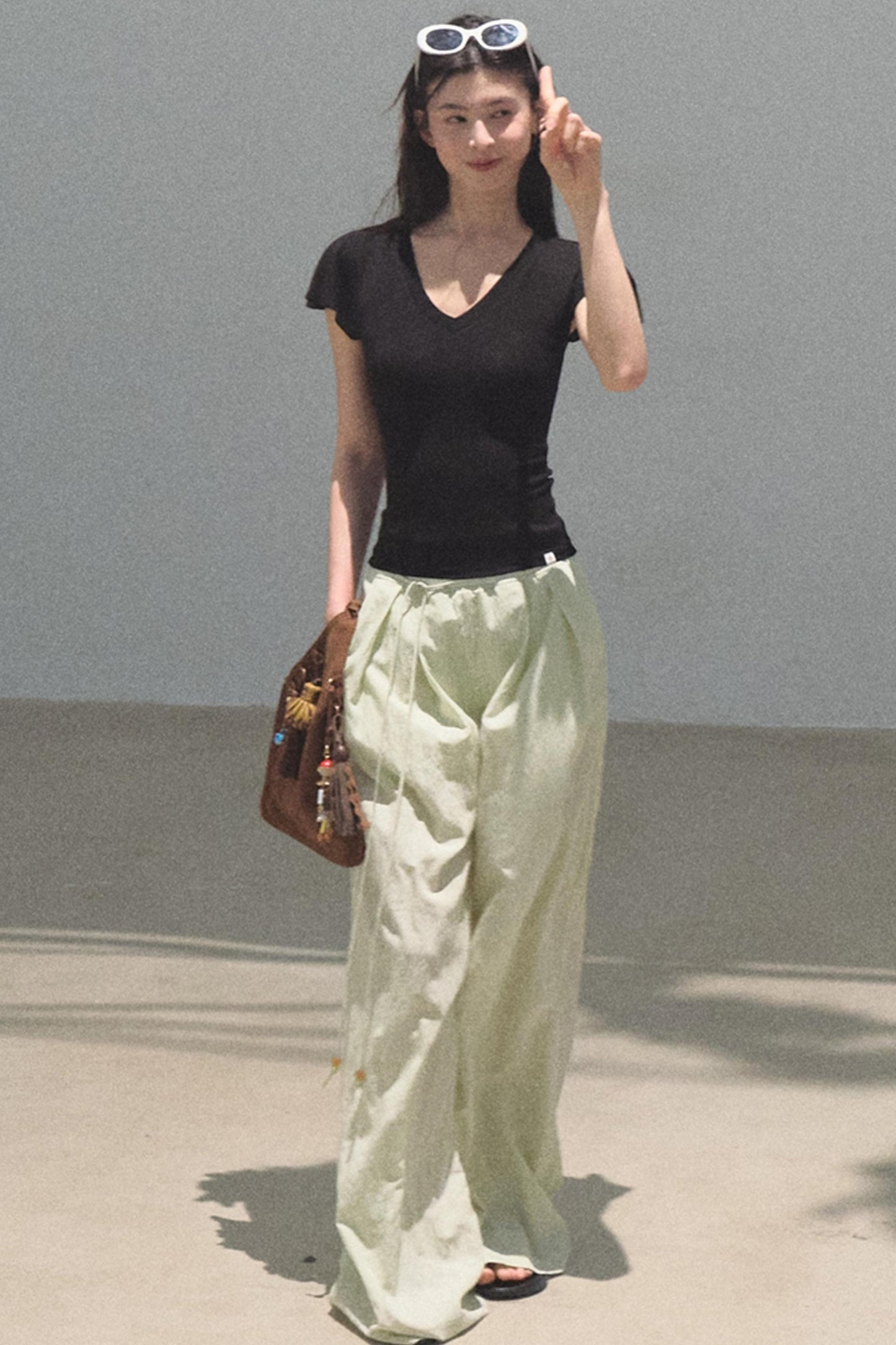 Green Apples Sleeve V-Neck Skinny Top