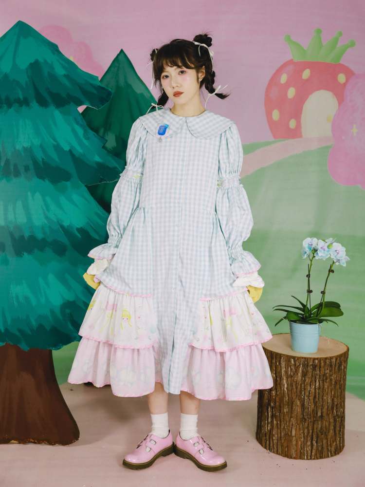 Angel Print Plaid Splicing Ruffles Tiered Dress