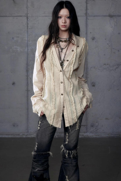 Vintage Lace V-Neck Bubble Sleeve Shirt