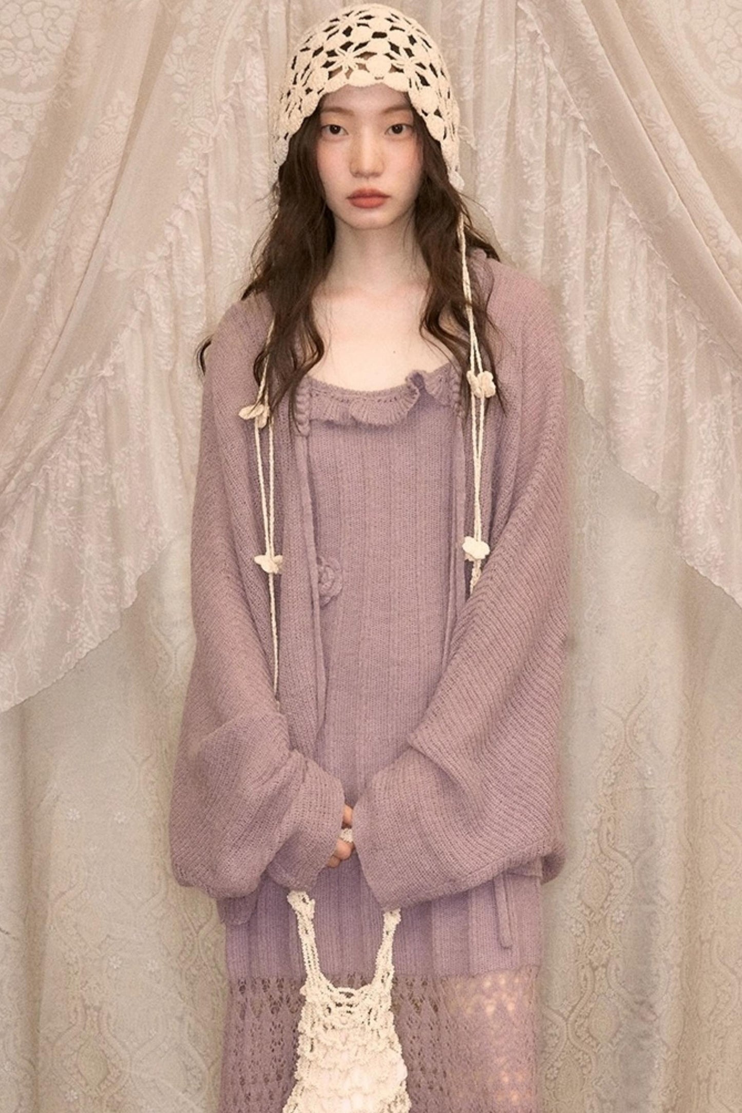 Crochet Knit Camisole Dress Cardigan Set-Up