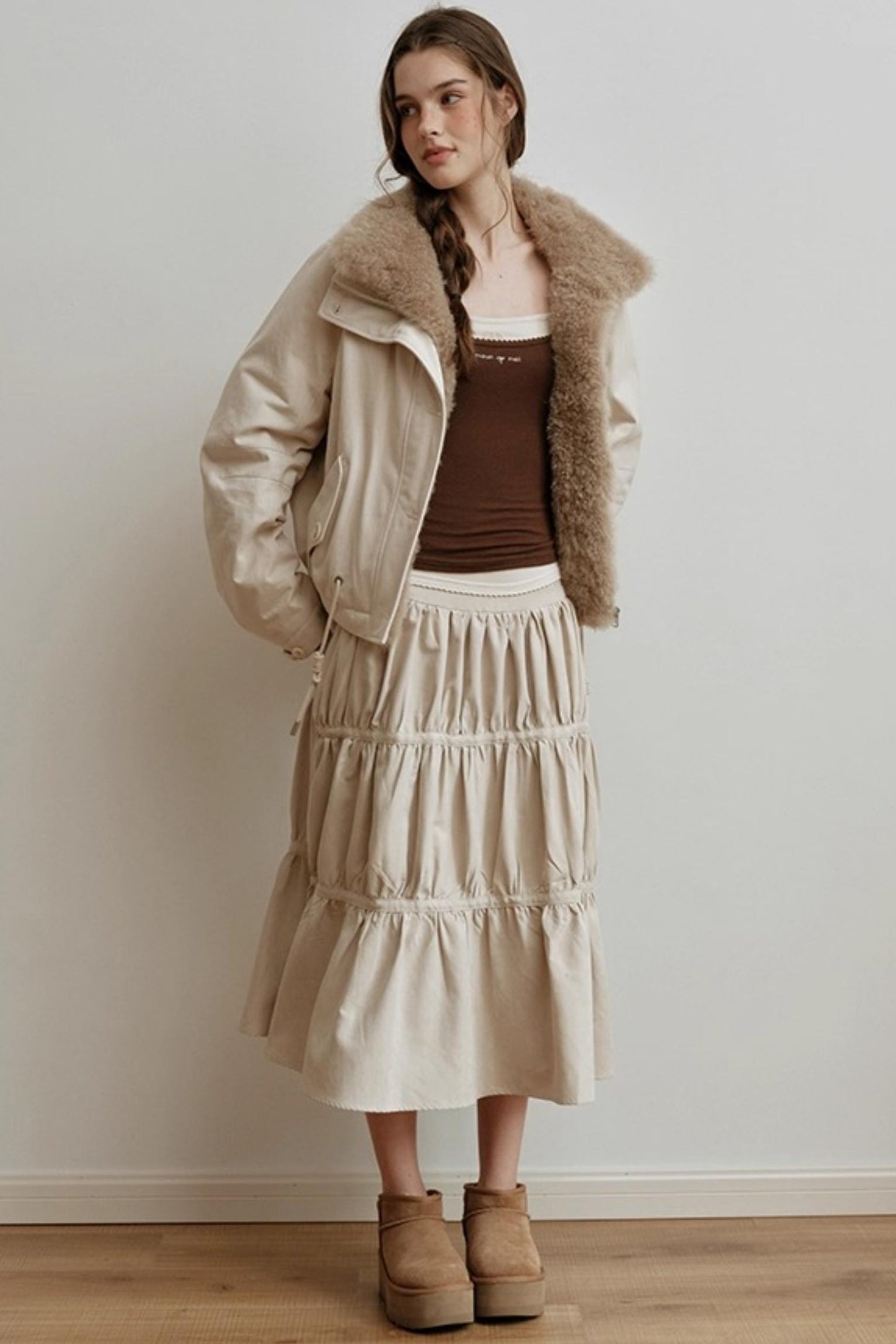 American Retro Suede Spliced Belt Umbrella Skirt