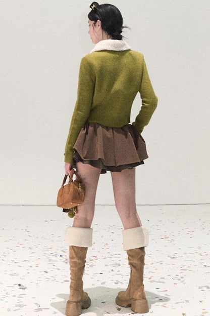 Plaid Color-Blocked Puffy Skirt