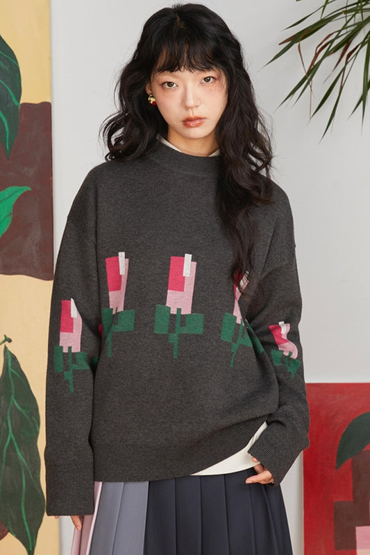 Jacquard Tulip Wool Knit Pullover