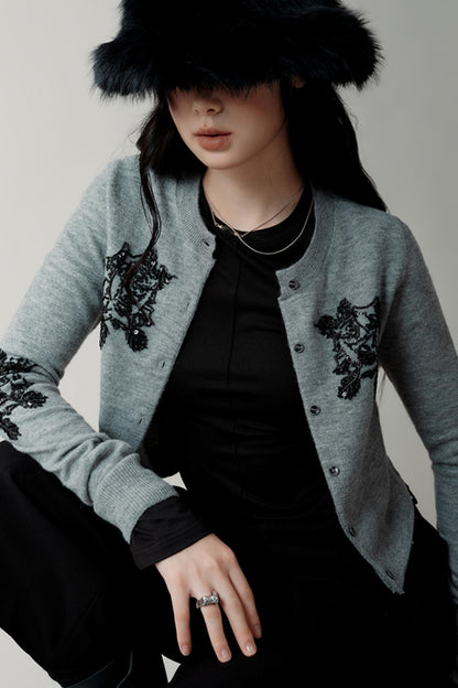 Heavy Beaded Embroidery Knit Cardigan