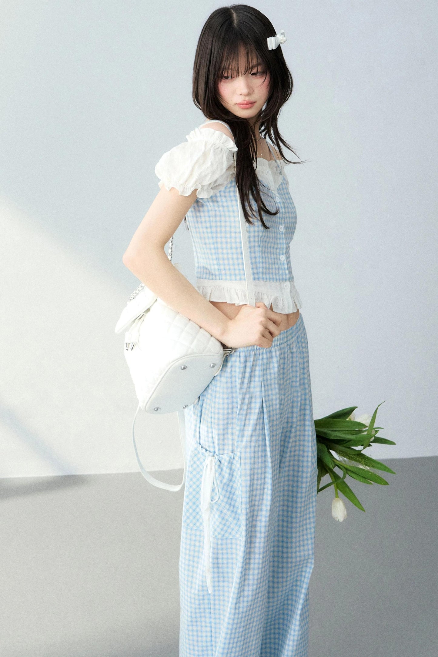 Blue Plaid Off-Shoulder Top Set-Up