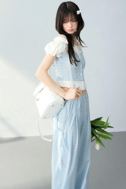 Blue Plaid Off-Shoulder Top Set-Up