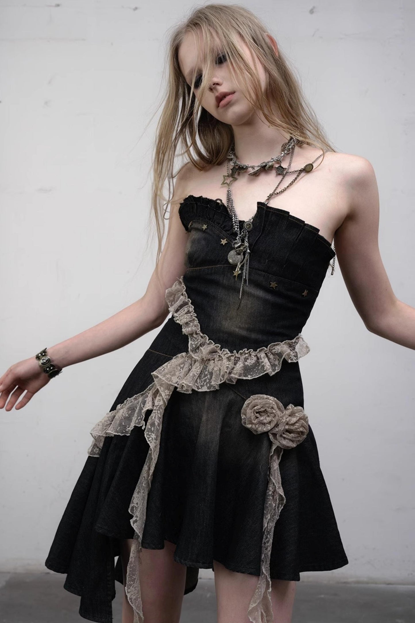 Vintage Black Lace Denim Dress
