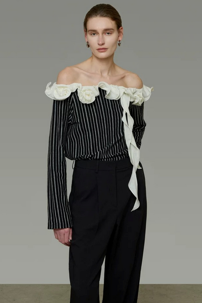 Black and White Striped Off-Shoulder Blouse
