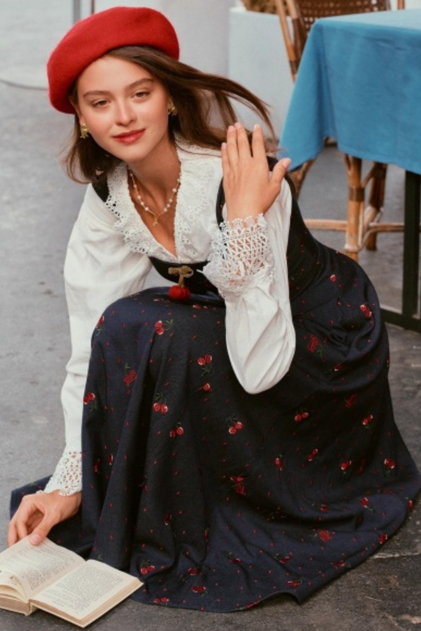 Cherry Lace Embroidered Denim Dress Set-Up