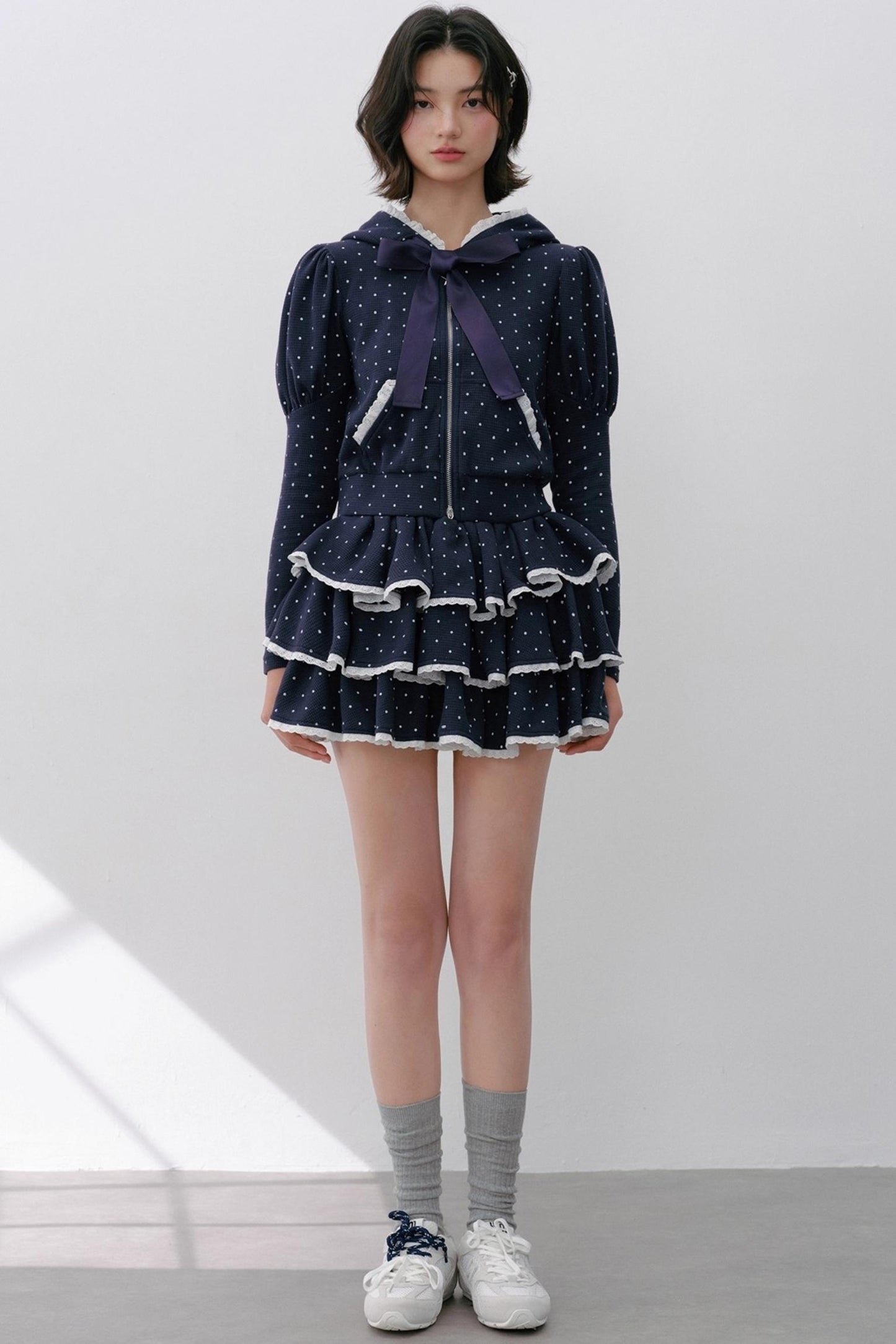 Navy Polka Dot Hooded Tracksuit Set-Up