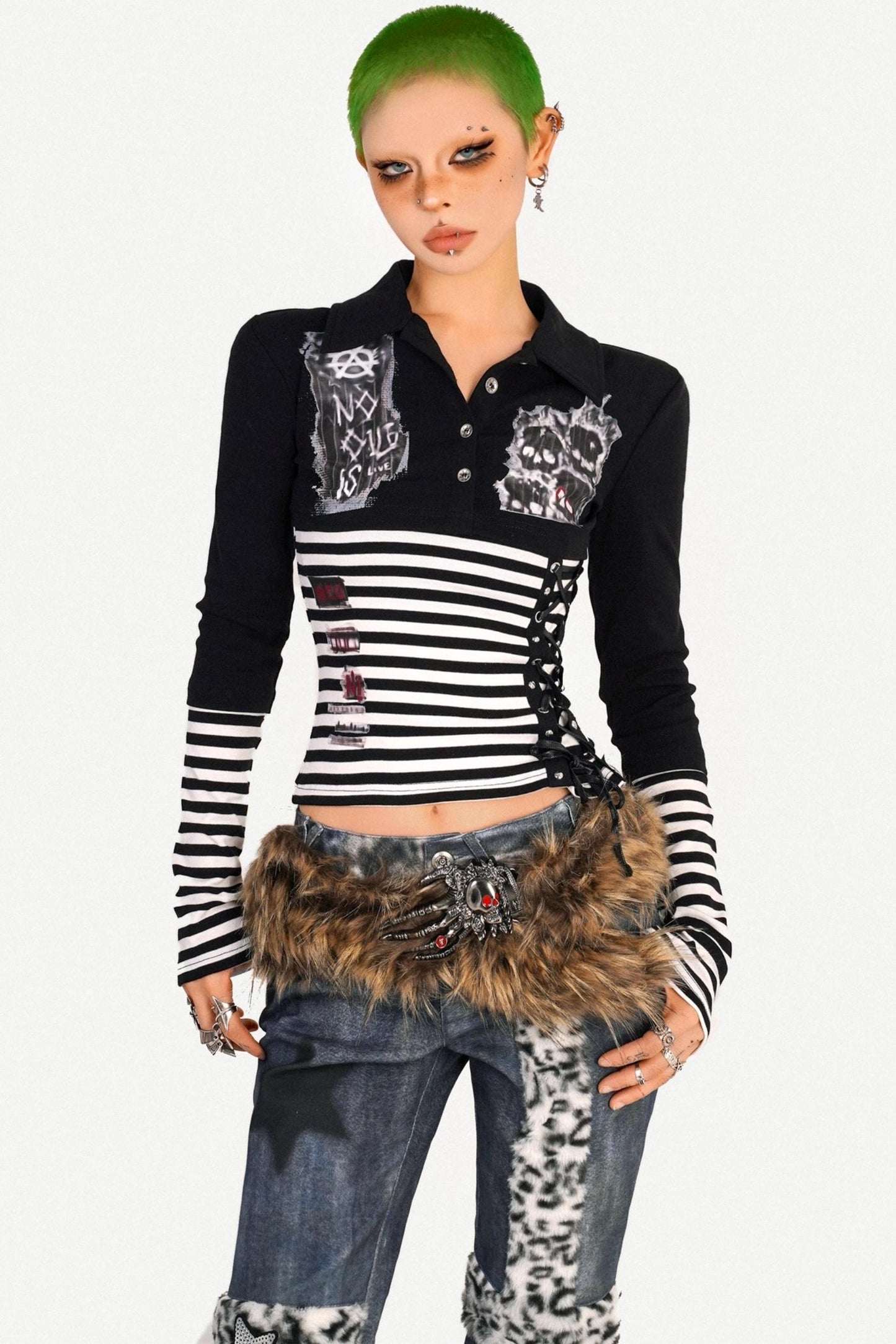 Light Punk Striped Patchwork Long Sleeve T-Shirt