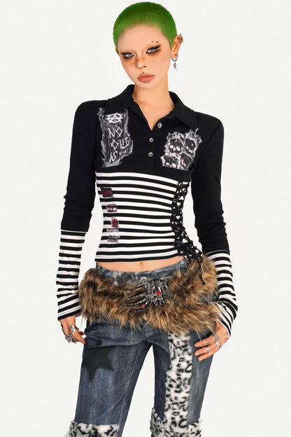 Light Punk Striped Patchwork Long Sleeve T-Shirt