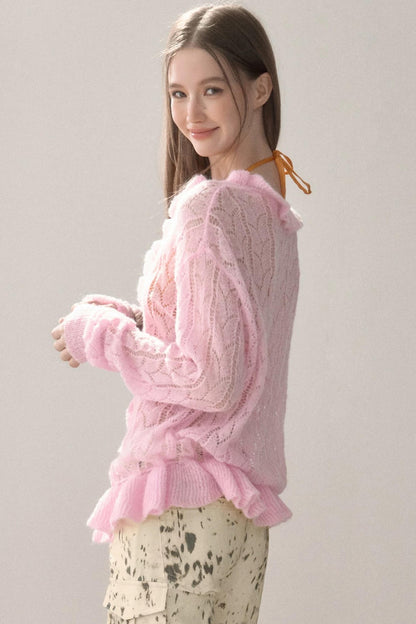 Knit Ruffled Cut Out Blouse