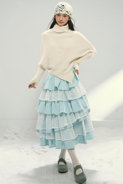 Mint Blue Lace Patchwork Puffy Skirt