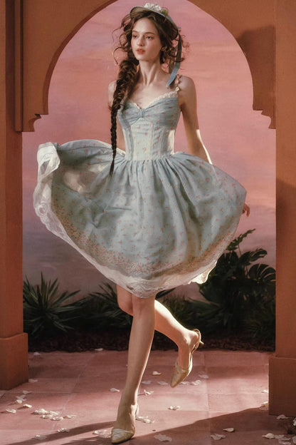 Green Floral Sweet Strap Dress