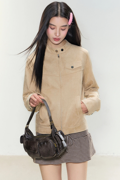 Bikerjacke aus Wildleder mit Stehkragen