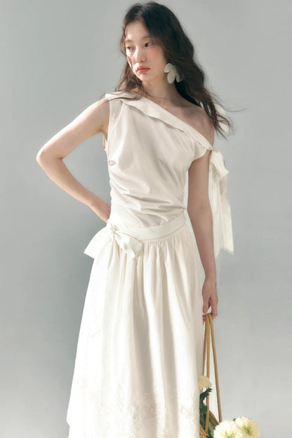 Slant Shoulder Tencel Cotton Dress