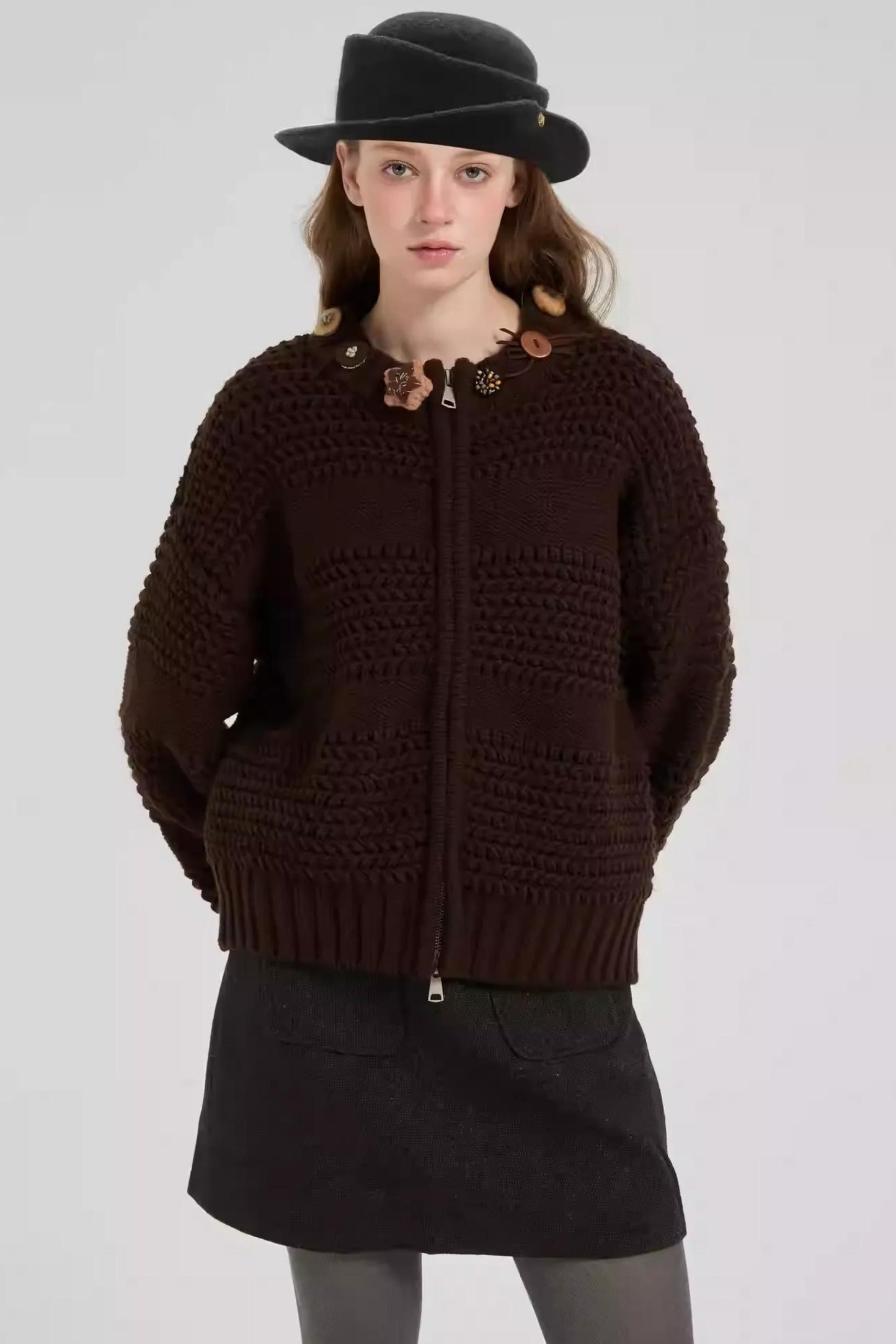 Brown Zipper Cardigan
