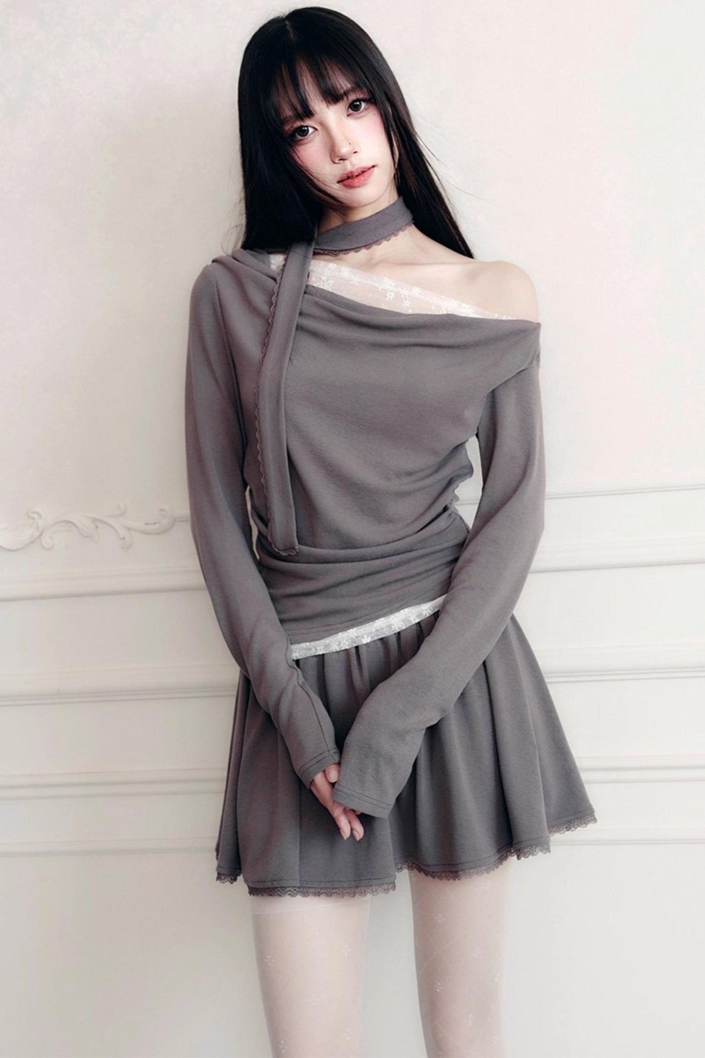 Green Lace Knit Top Skirt Set-Up