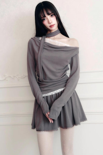 Green Lace Knit Top Skirt Set-Up