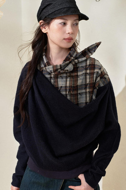 Blue Plaid Wool Fake Two-Piece Top