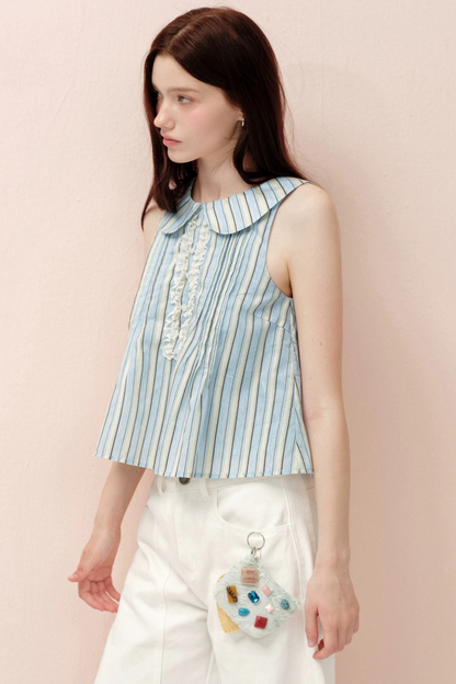 Blue Striped Doll Collar Lace Trim Tank Top