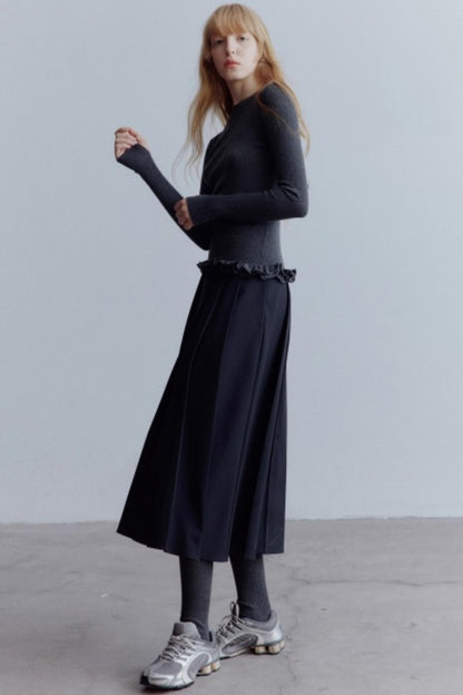 Lime Wool Irregular Pleated Wool Skirt