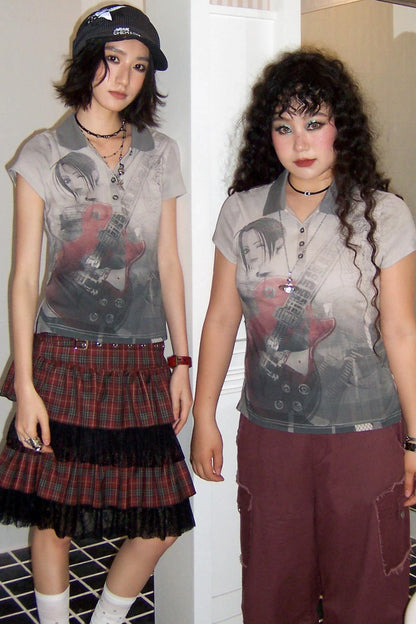 Distressed Portrait V-Neck Top