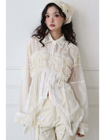 Lace-Up Crosses Embroidery Chiffon Lace Trim Shirt