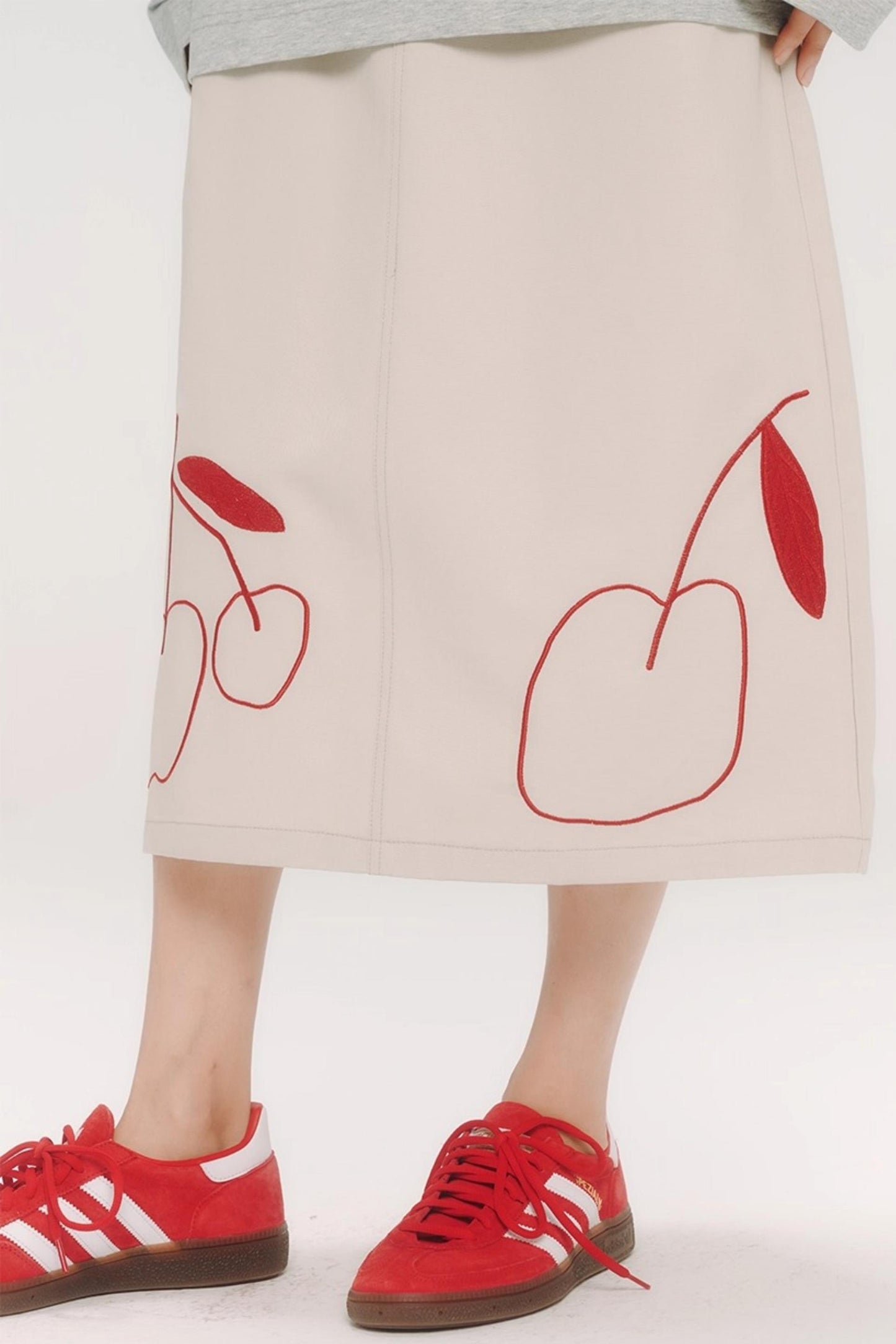 Red Cherry Embroidered Midi Skirt