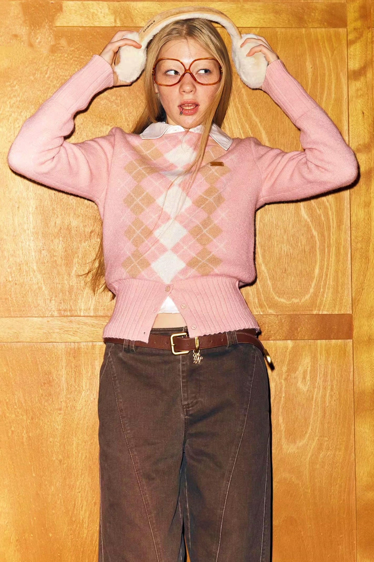 Pink Diamond-Patterned Knit Sweater
