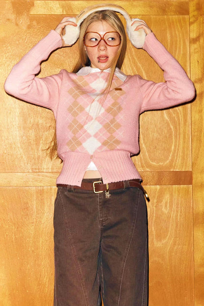 Pink Diamond-Patterned Knit Sweater